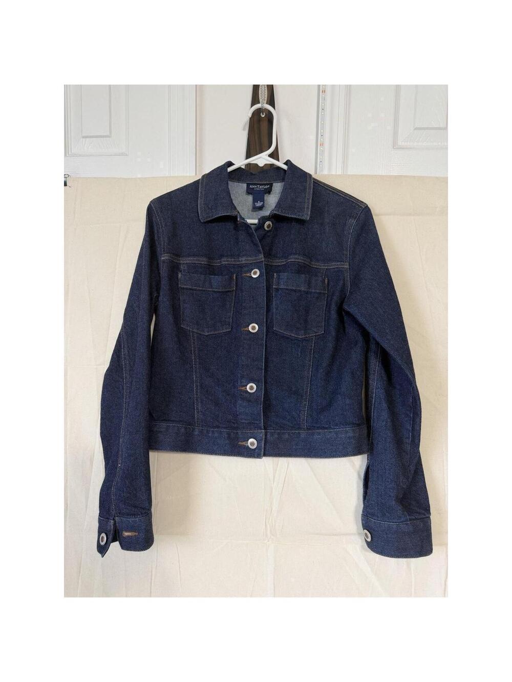 Ann Taylor Womens S Blue Denim Stretch Jean Jacket Dark Wash Button Front S